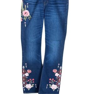 Johnny Was Dark Blue Flare Jeans with Pink Floral Embroidery